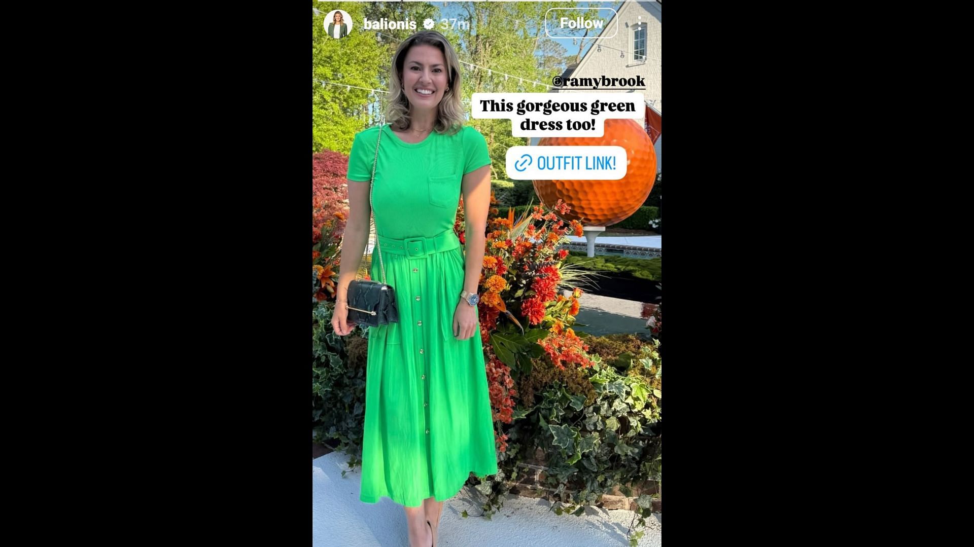 Balionis' story featuring her green dress - Source: via @balionis on Instagram